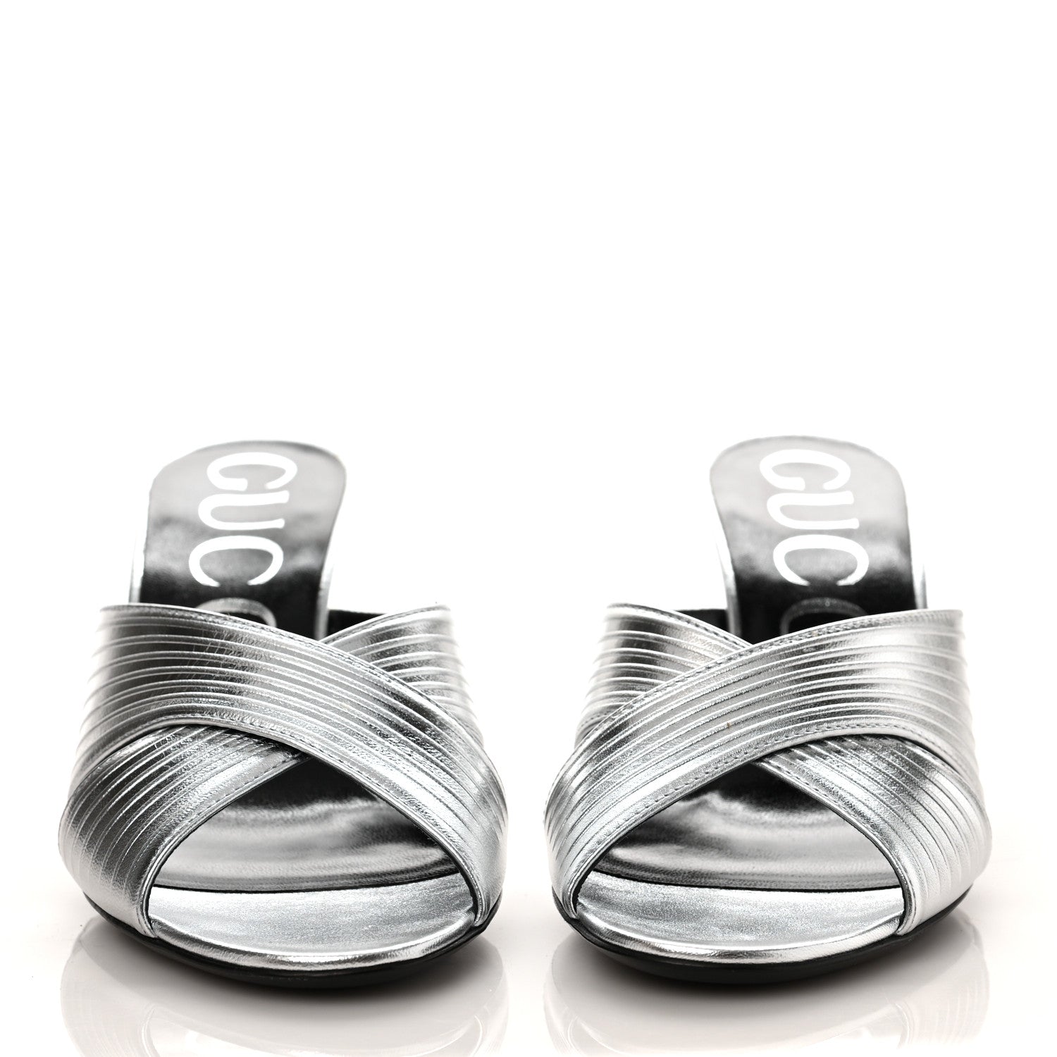 Gucci Metallic Nappa Crossover Heel Slide Sandals 36.5 Silver 2 of 10