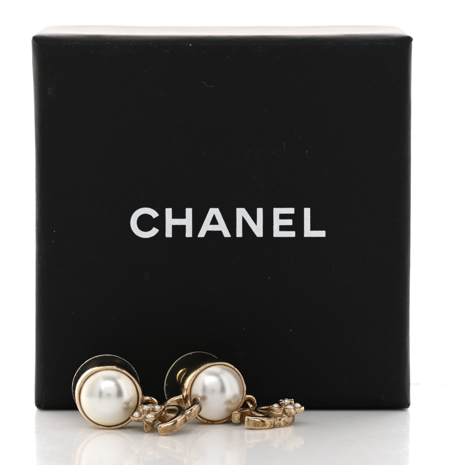 Chanel Pearl Crystal CC Flower Drop Earrings Gold Pearly White 5 of 5