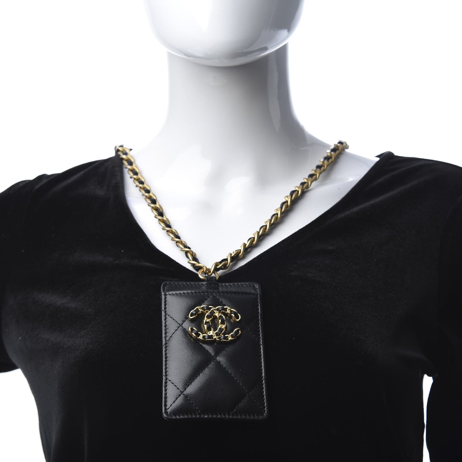 Chanel Shiny Goatskin Quilted Chanel 19 Card Holder On Chain Black 2 of 6