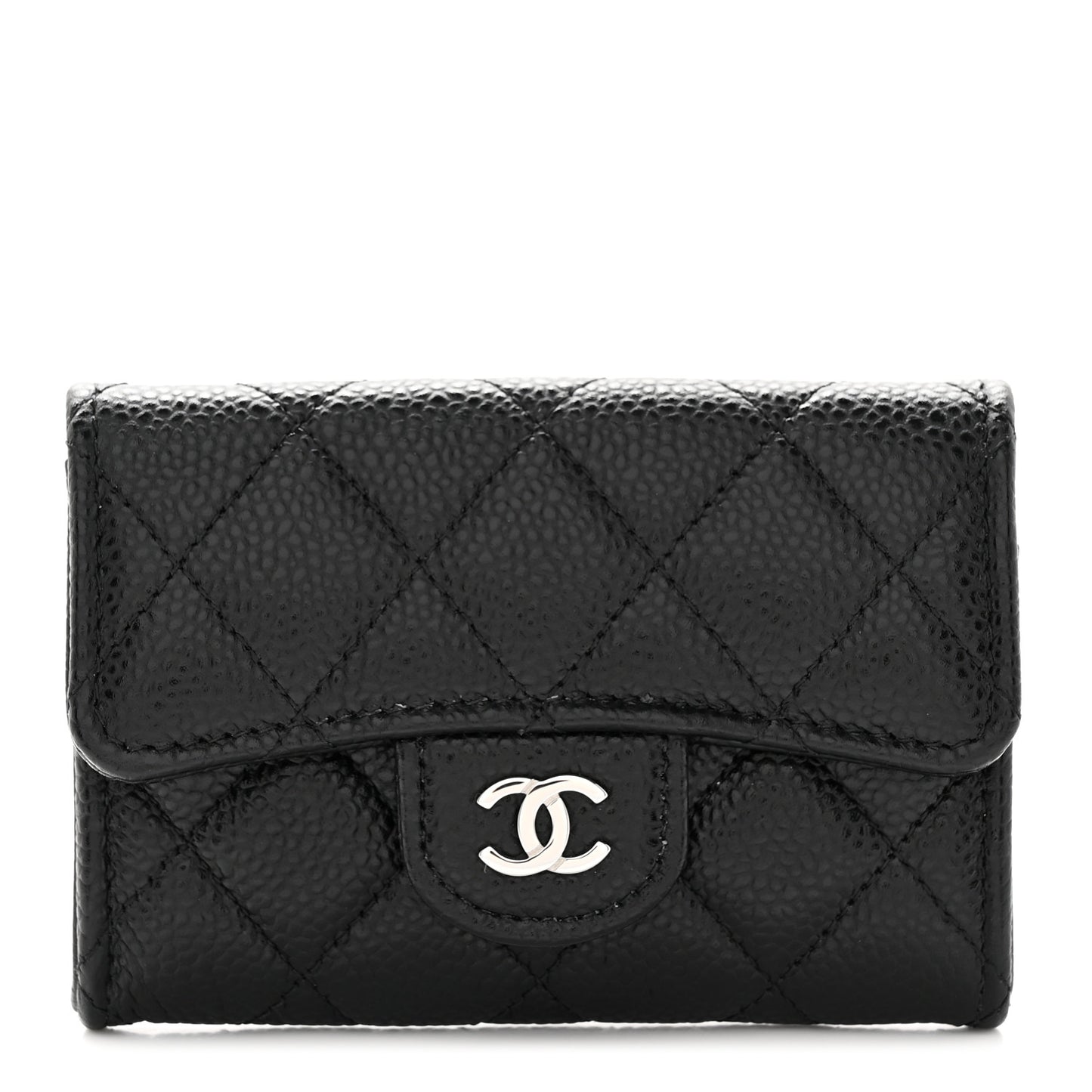 Caviar Quilted Flap Card Holder Wallet Black