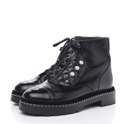 Chanel Crackled Calfskin Velvet Pearl Combat Short Boots 38 Black 3 of 7