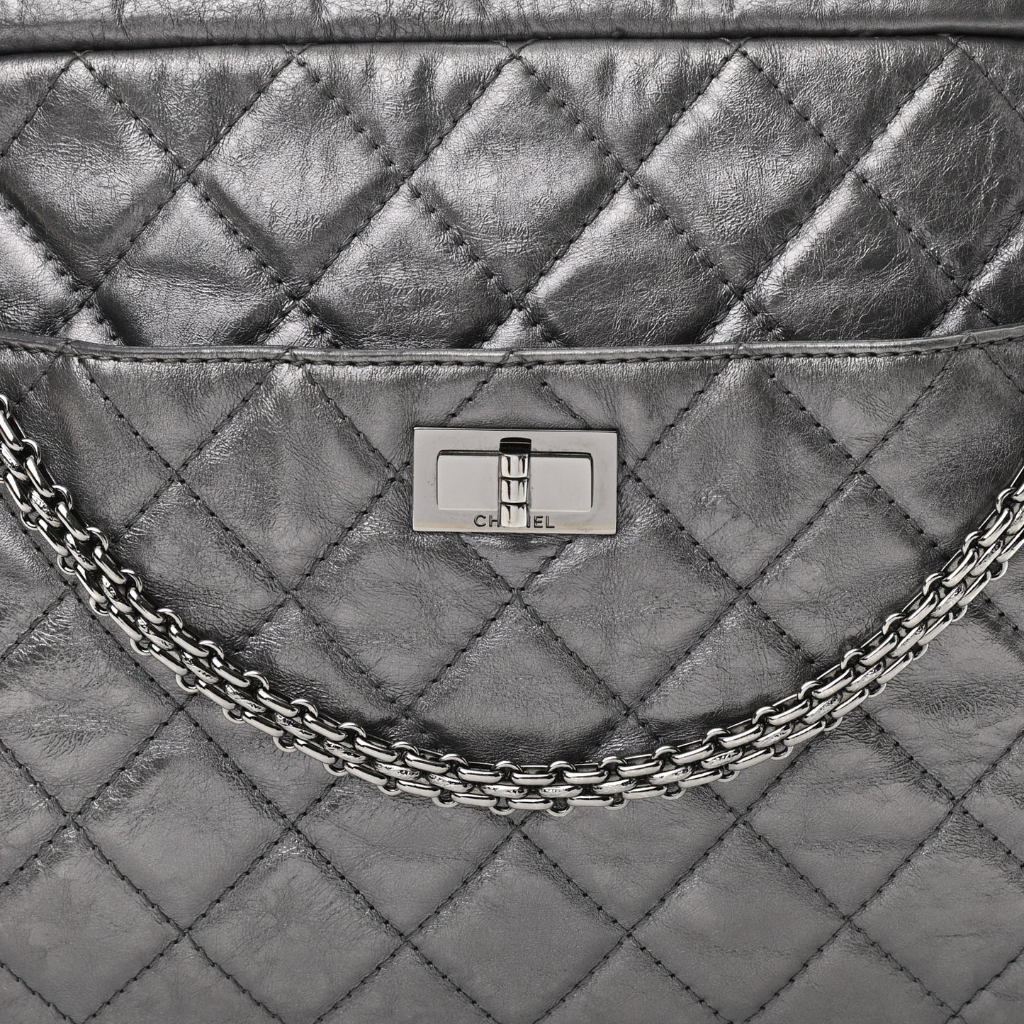 Metallic Aged Calfskin Quilted Large Reissue Camera Case Silver