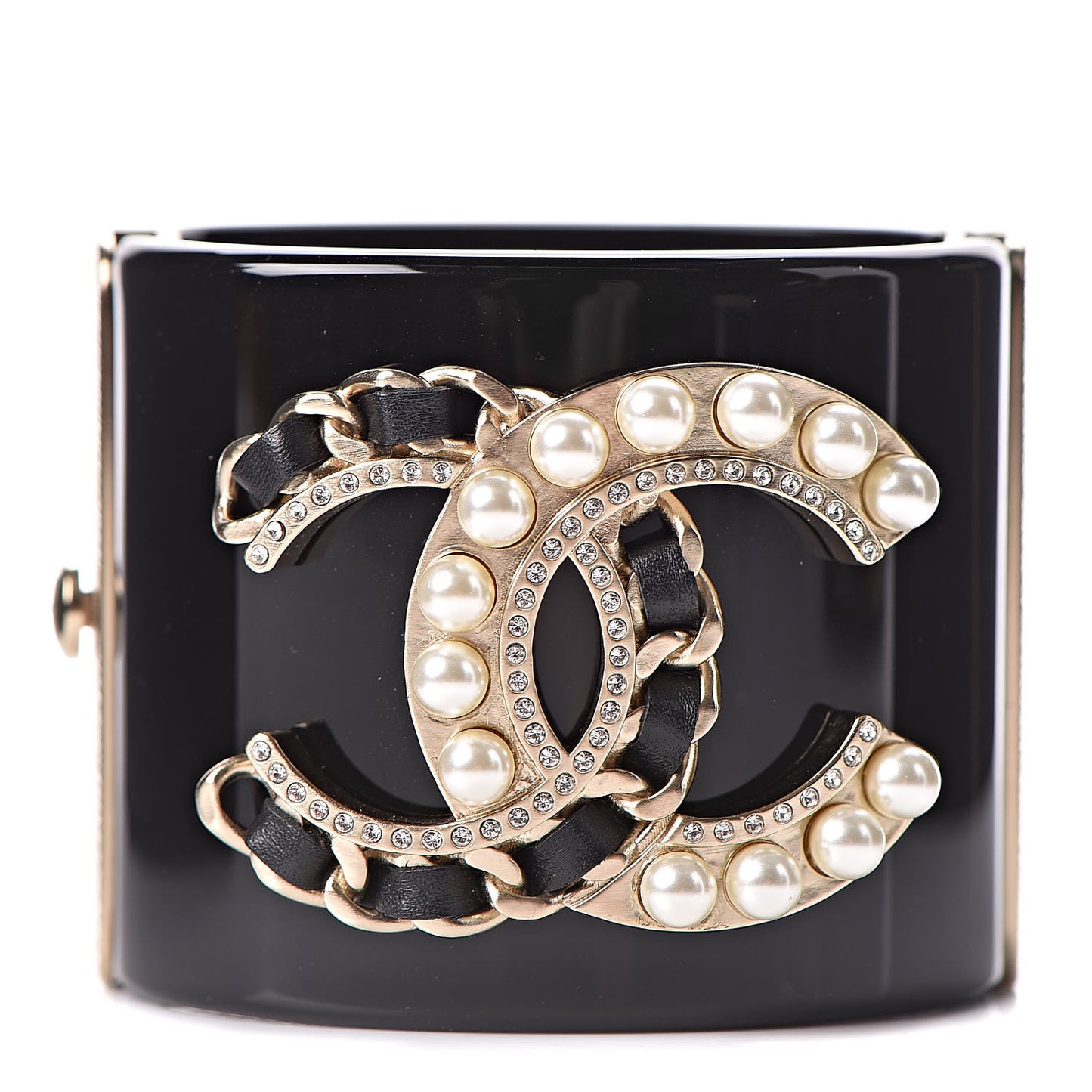 Resin Crystal Pearl Lambskin CC Cuff Black