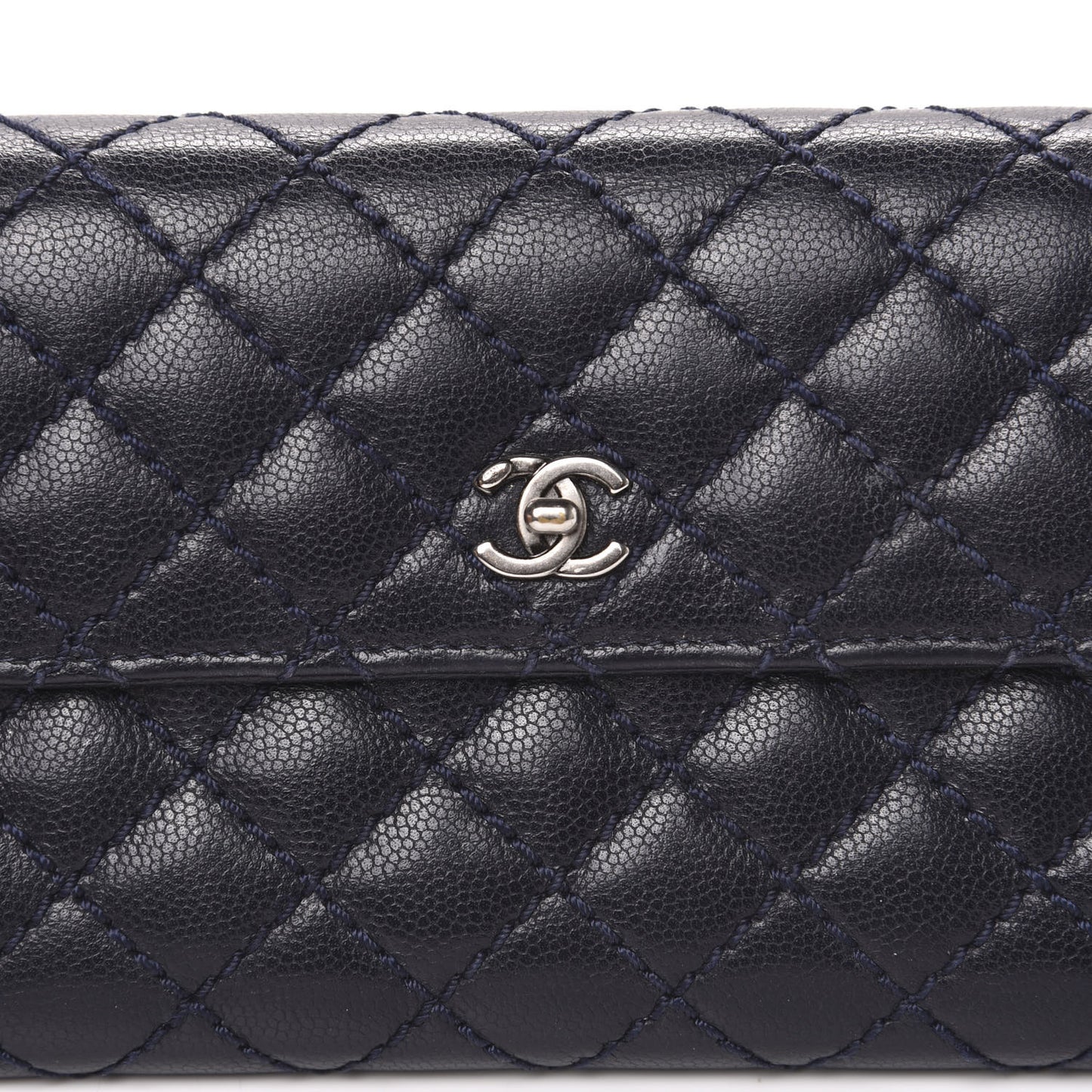 Grained Calfskin Stitched Quilted CC Long Wallet Navy