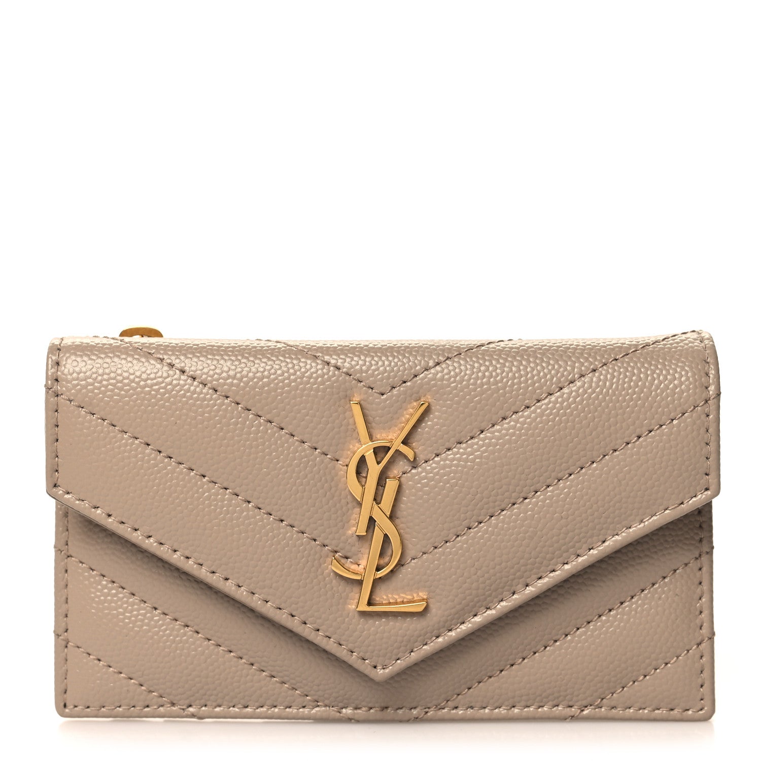 Saint Laurent Grain De Poudre Matelasse Chevron Monogram Compact Wallet Dark Beige 1 of 7