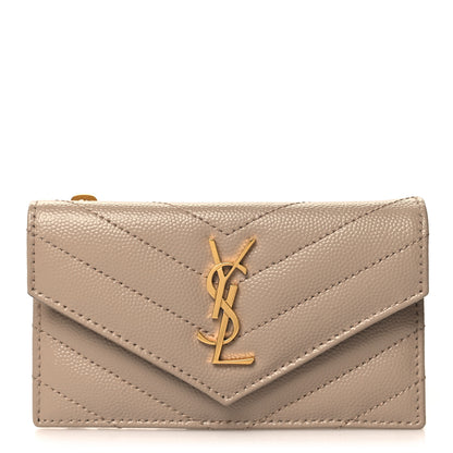 Saint Laurent Grain De Poudre Matelasse Chevron Monogram Compact Wallet Dark Beige 1 of 7