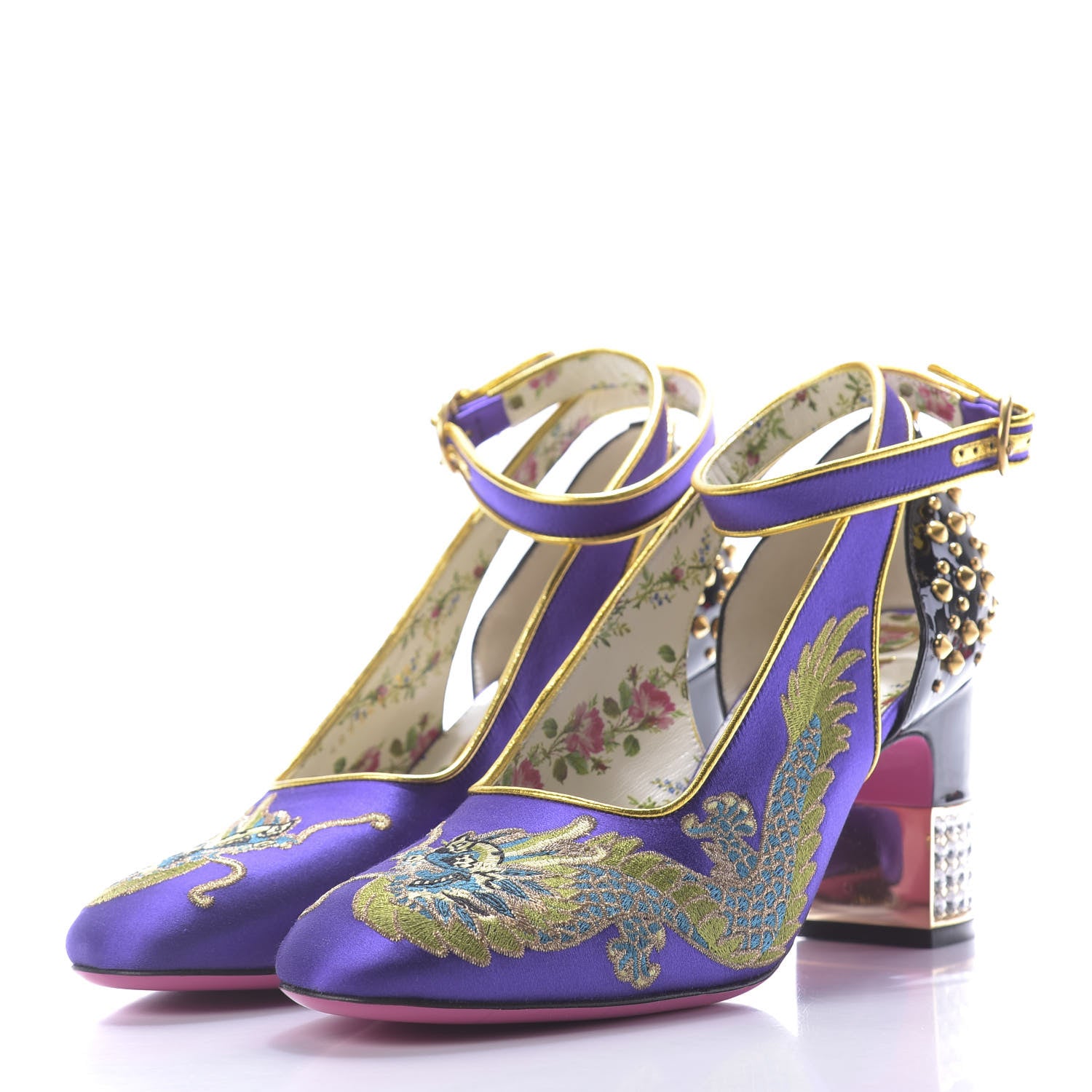 Gucci Satin Embroidered Dragon Caspar Pumps 38 Purple Oro Vecchio Black 3 of 11