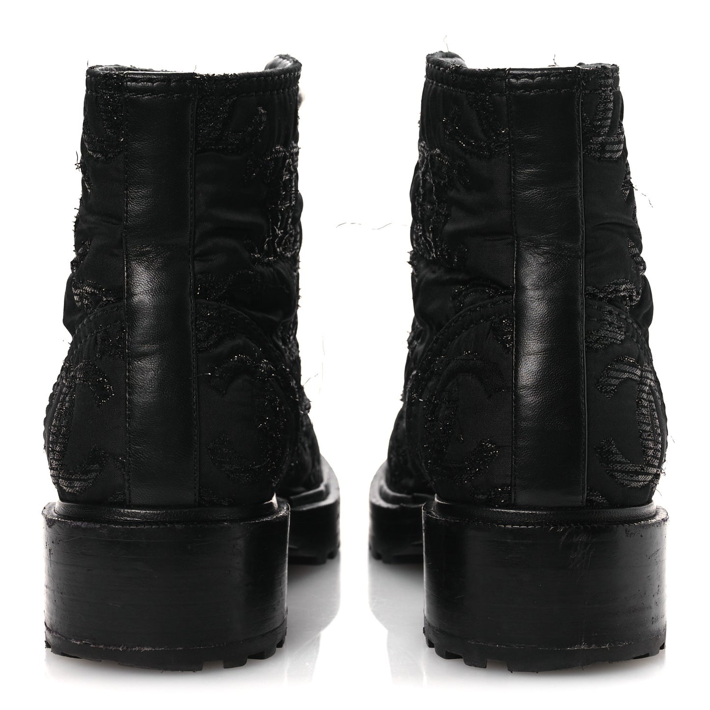 Grosgrain Tweed Pearl CC Combat Short Boots 39 Black