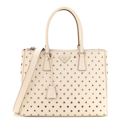 Prada City Calf Grommet Large Double Zip Tote Talco 1 of 12