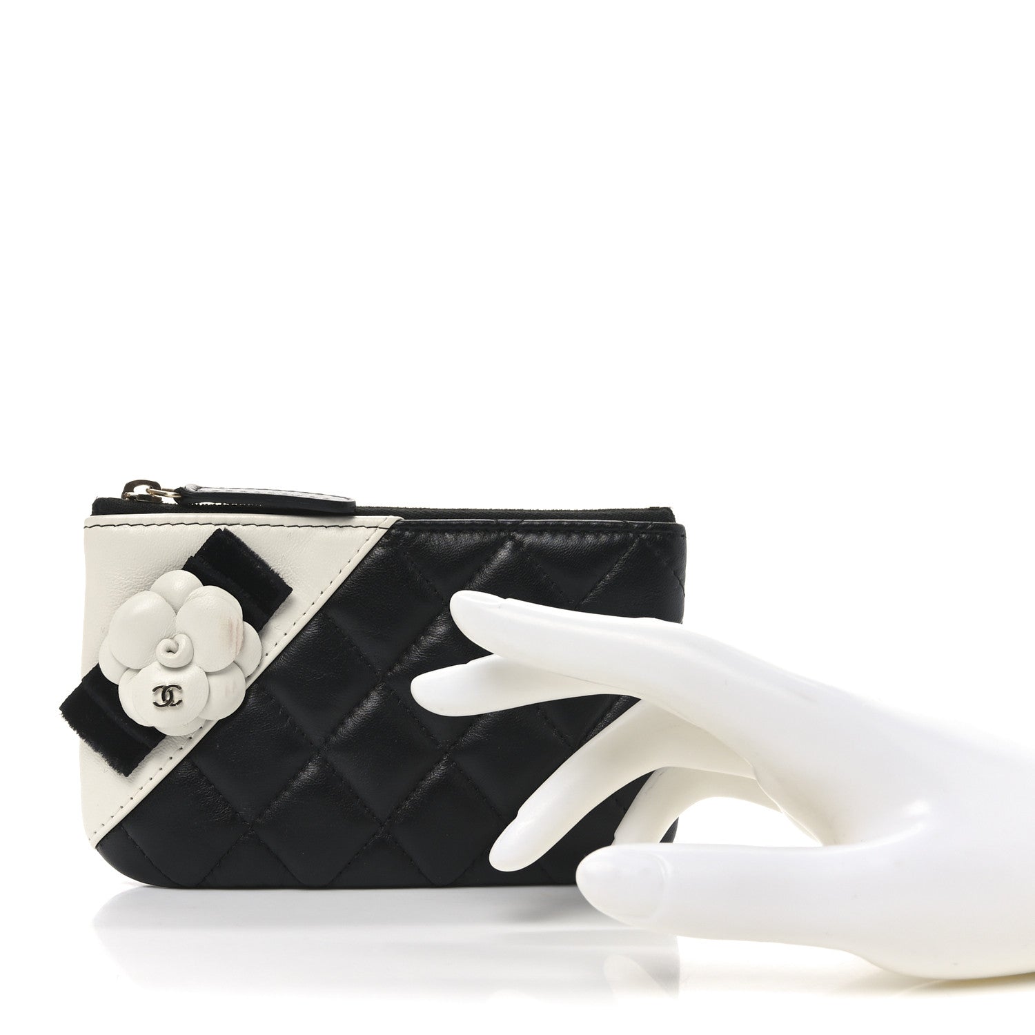 Chanel Lambskin Quilted Small Camellia Cosmetic Pouch Black White 2 of 8