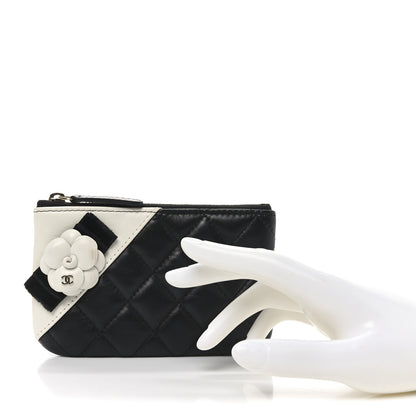 Chanel Lambskin Quilted Small Camellia Cosmetic Pouch Black White 2 of 8
