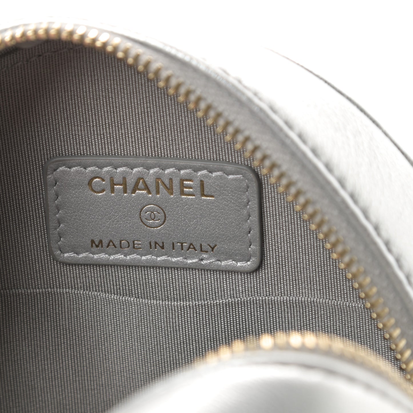 Metallic Lambskin Quilted Chanel 19 Round Clutch With Chain Silver