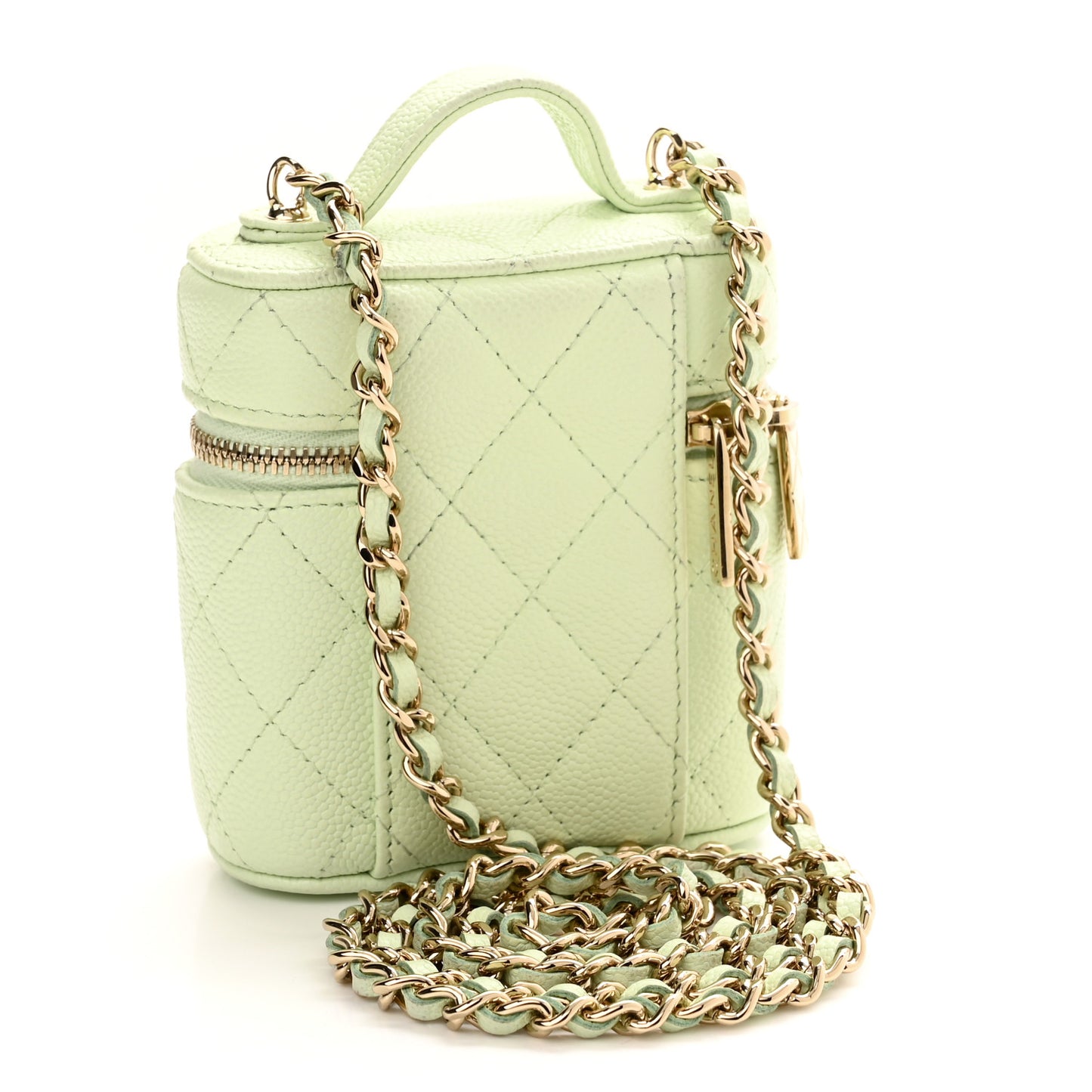 Caviar Quilted Small Handle With Care Vanity Case With Chain Light Green