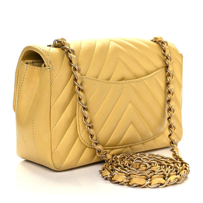 Chanel Lambskin Chevron Quilted Mini Rectangular Flap Yellow 2 of 9