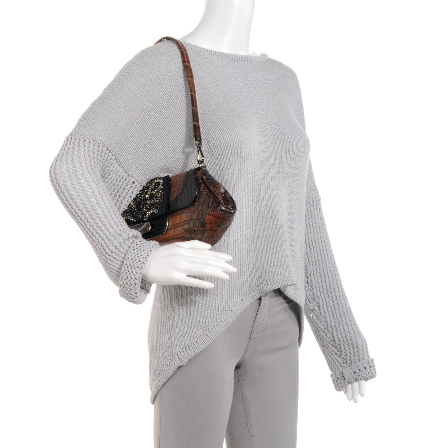 Crocodile Jeweled Antik Shoulder Bag Tabacco Black