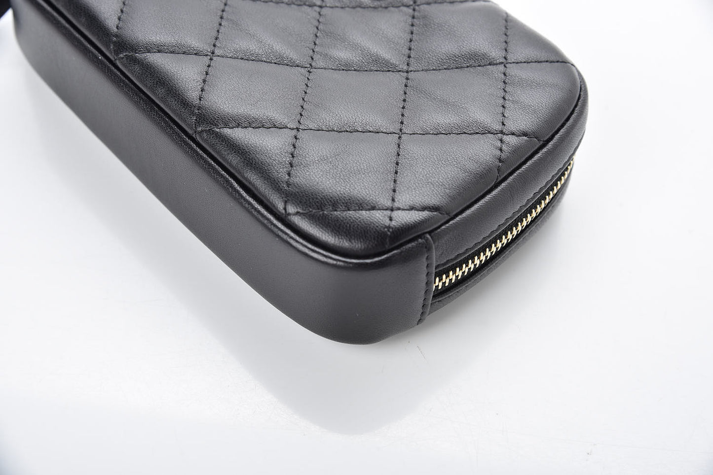 Lambskin Quilted Small Curvy Pouch Cosmetic Case Black