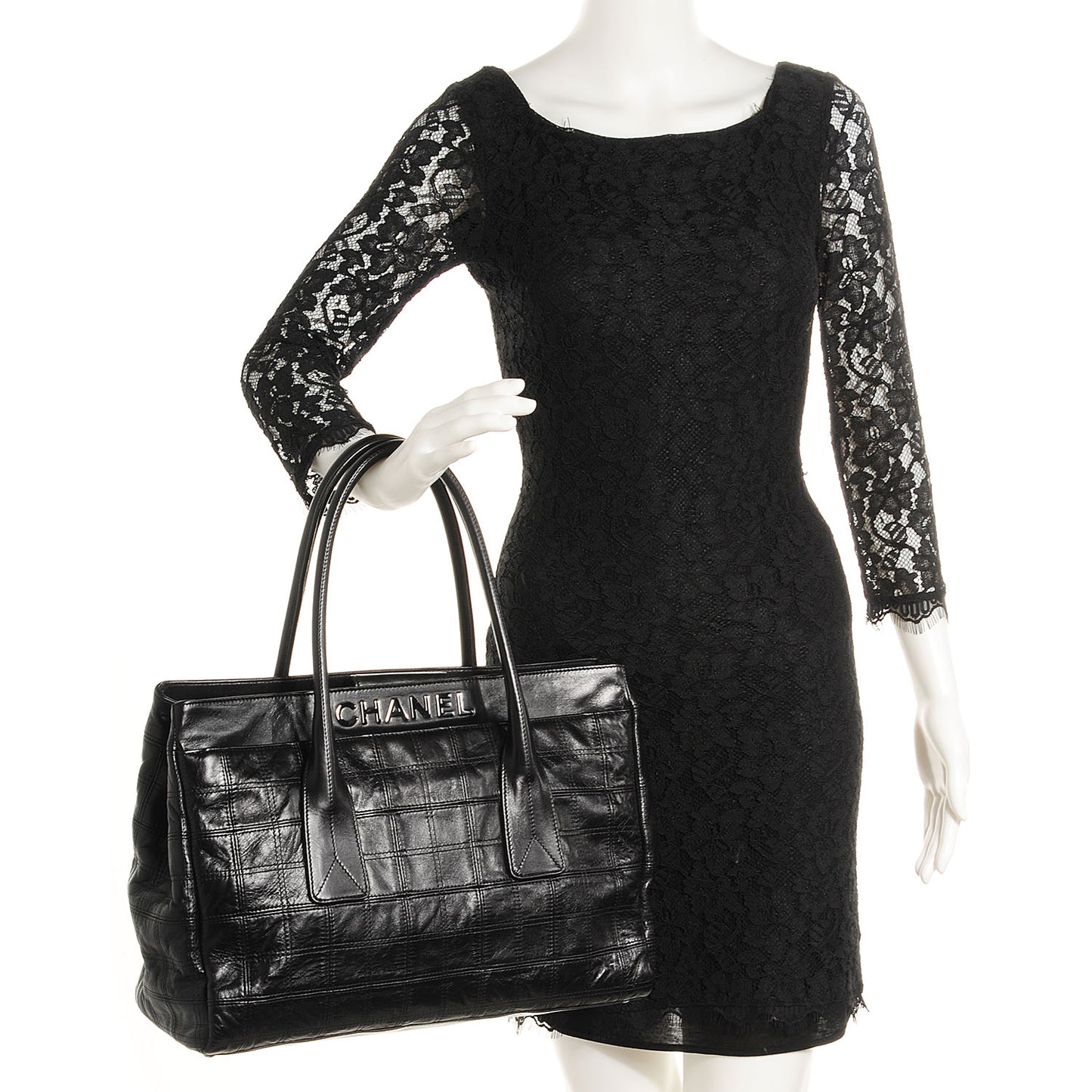 Lambskin Square Stitched Lax Shopping Tote Black