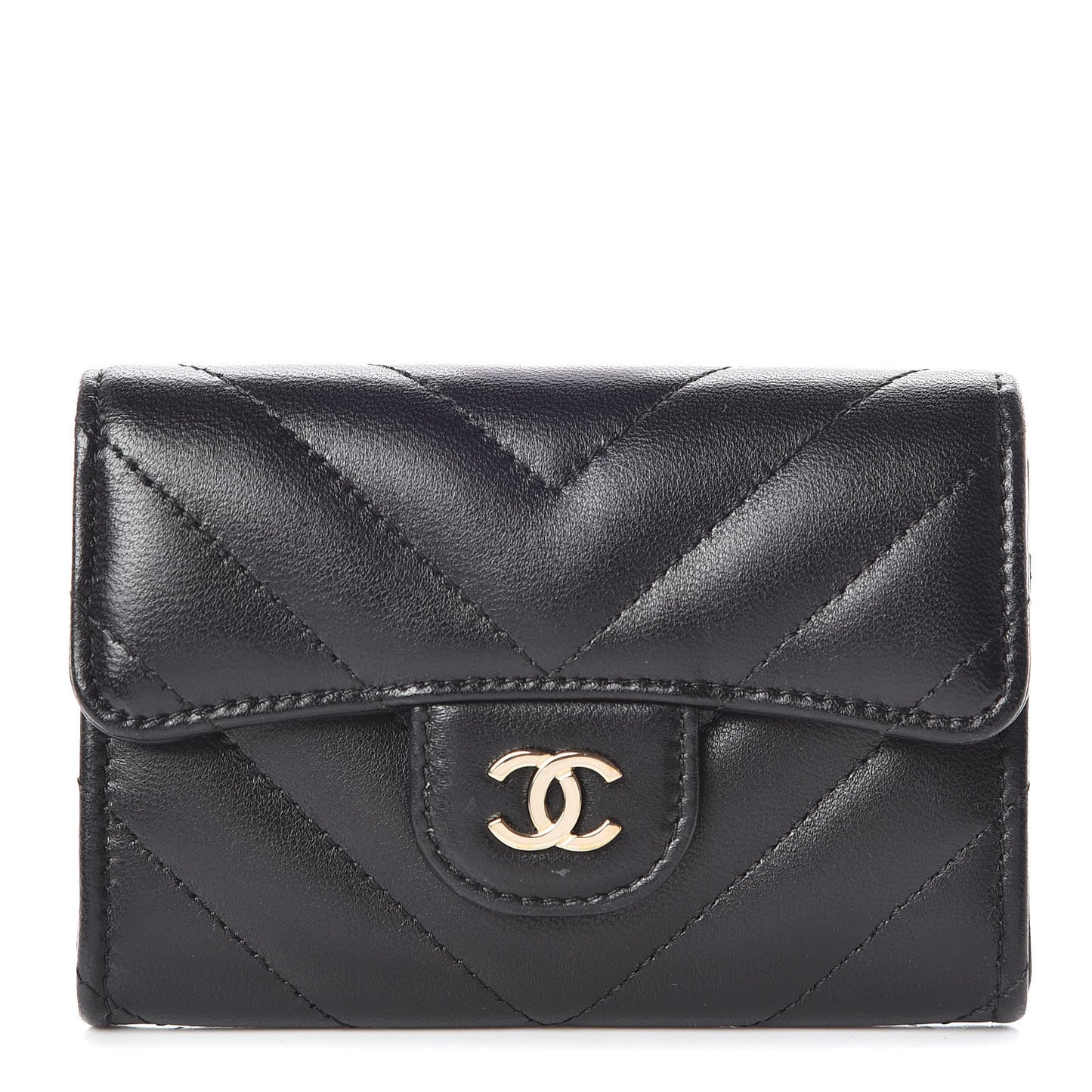 Lambskin Chevron Quilted Flap Card Holder Black
