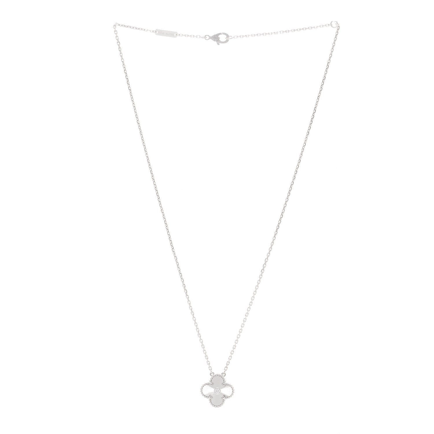 Van Cleef & Arpels 18K White Gold Diamond Guilloche Vintage Alhambra Pendant Necklace 3 of 4
