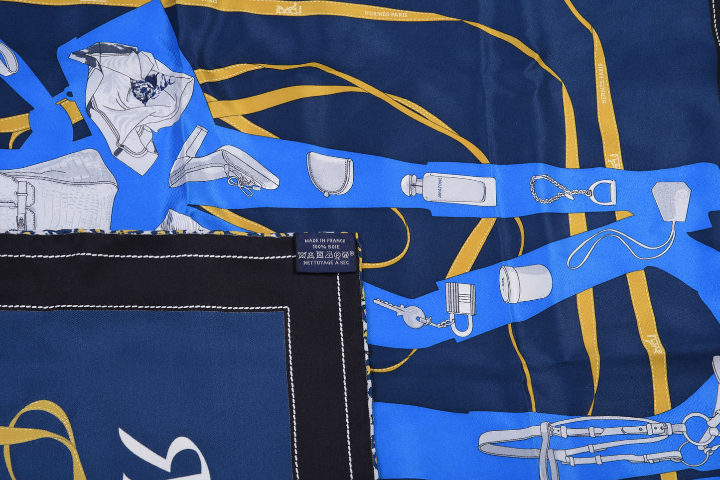 Vintage Silk Monsieur et Madame Scarf 70 Marine Cobalt Gold