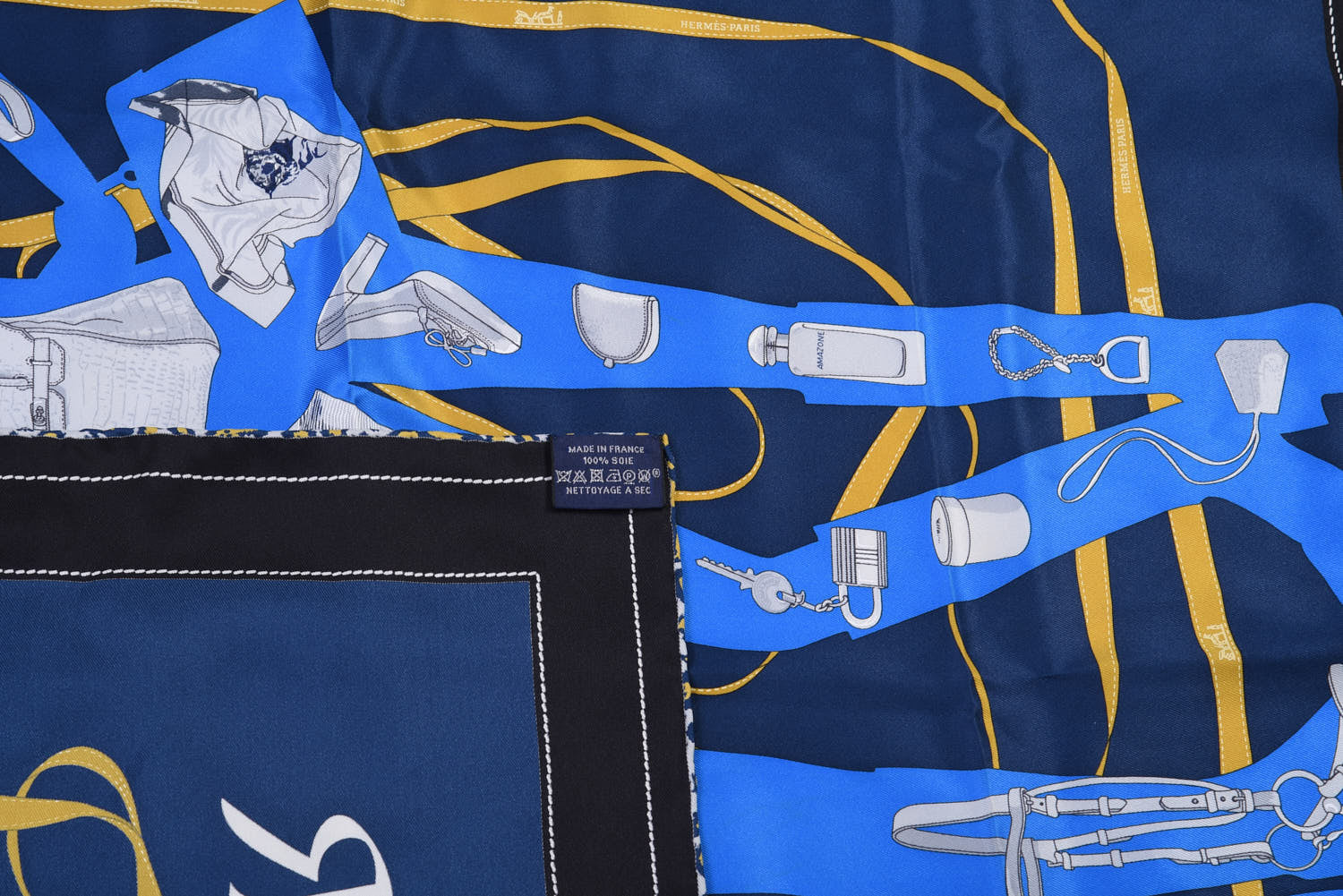 Hermes Vintage Silk Monsieur et Madame Scarf 70 Marine Cobalt Gold 3 of 4