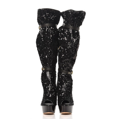Louis Vuitton Sequin Peep Toe Tall Boots 38.5 Black 3 of 9