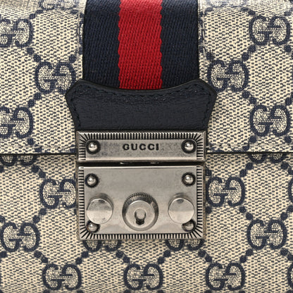 Gucci GG Supreme Monogram Textured Dollar Calfskin Web Mini Padlock Top Handle Shoulder Bag Beige Blue 7 of 9