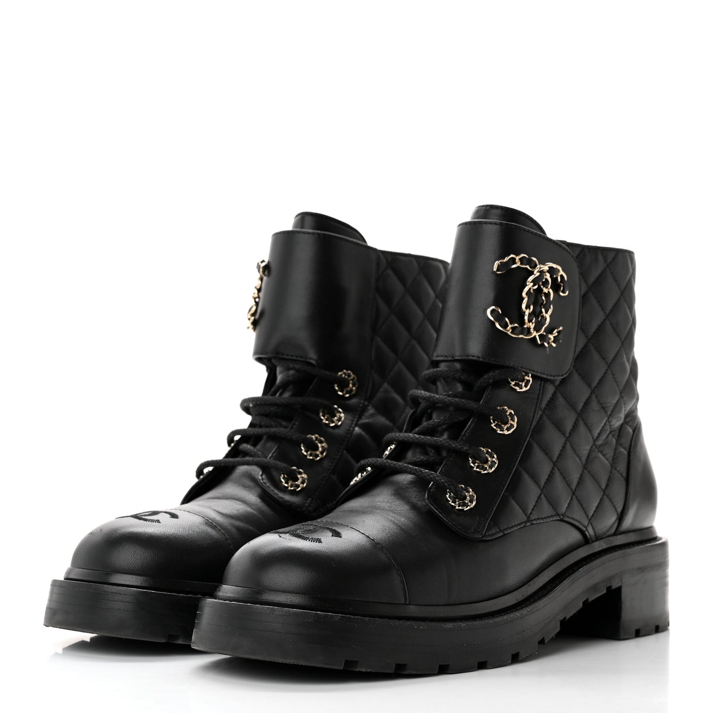 Shiny Lambskin Quilted Lace Up Combat Boots 40.5 Black