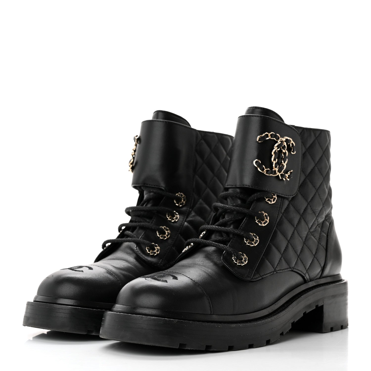 Chanel Shiny Lambskin Quilted Lace Up Combat Boots 40.5 Black 3 of 14