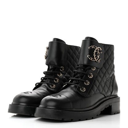 Chanel Shiny Lambskin Quilted Lace Up Combat Boots 40.5 Black 3 of 14