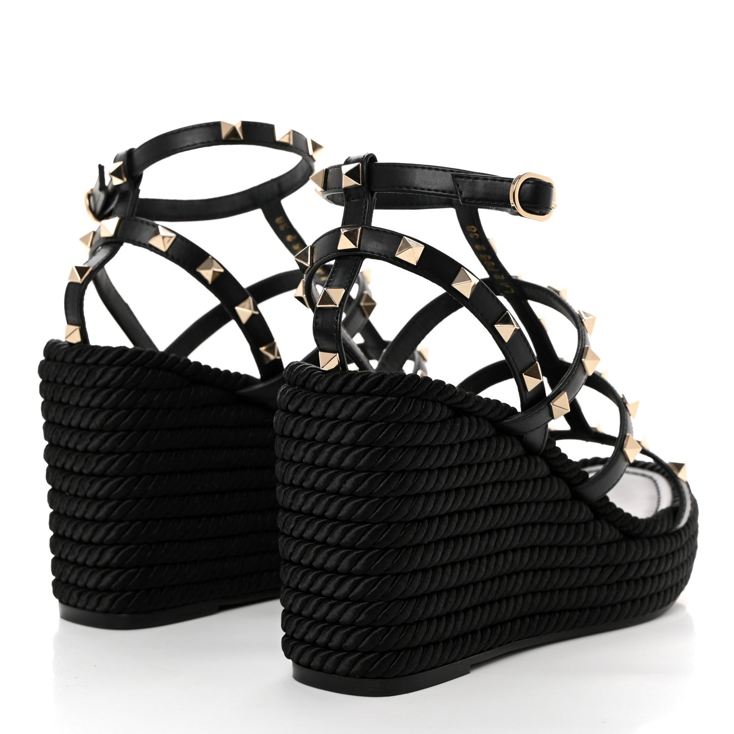 Calfskin Rockstud Ankle Strap Torchon Espadrille Caged 25/95mm Wedge Sandals 38 Black