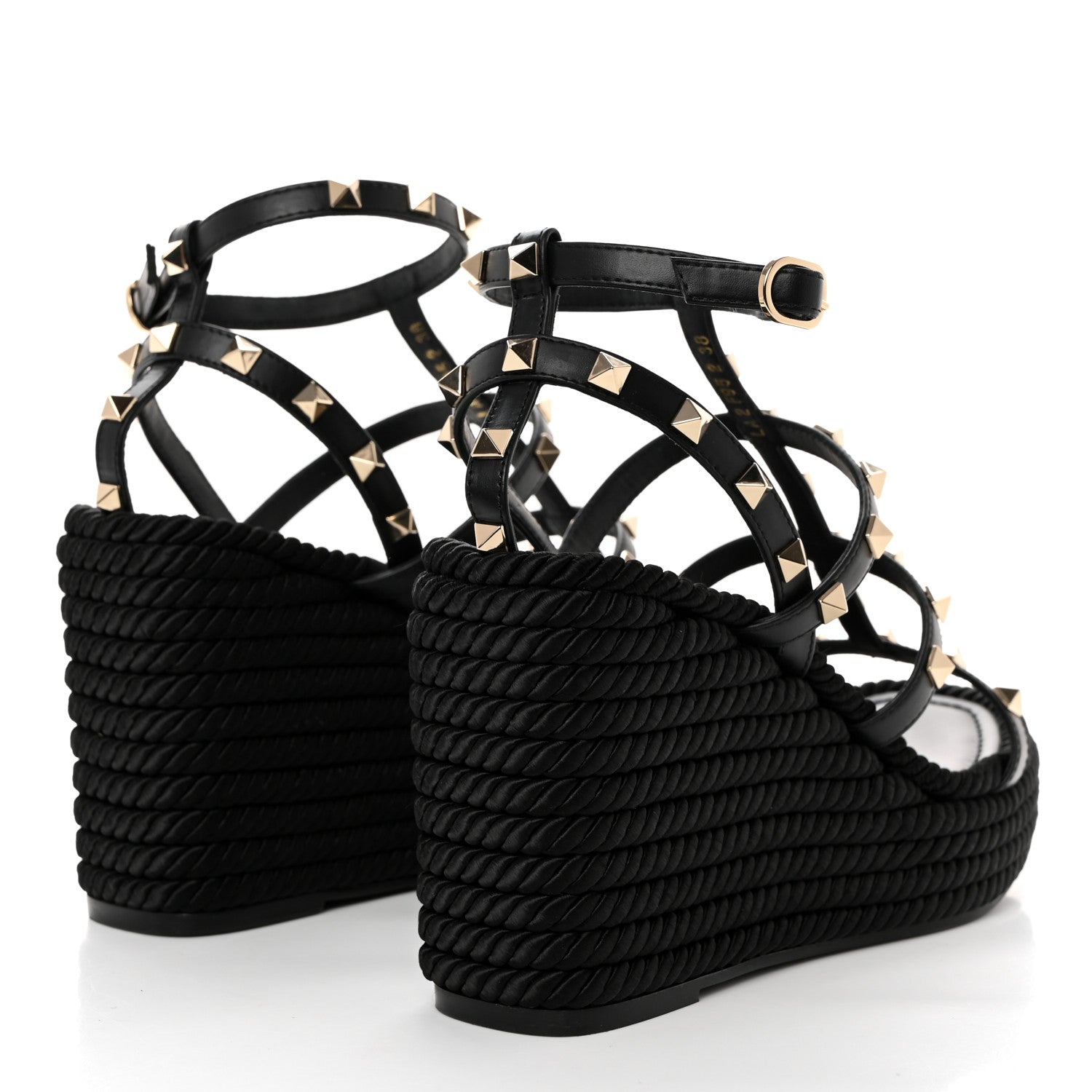 Valentino Garavani Calfskin Rockstud Ankle Strap Torchon Espadrille Caged 25/95mm Wedge Sandals 38 Black 4 of 9
