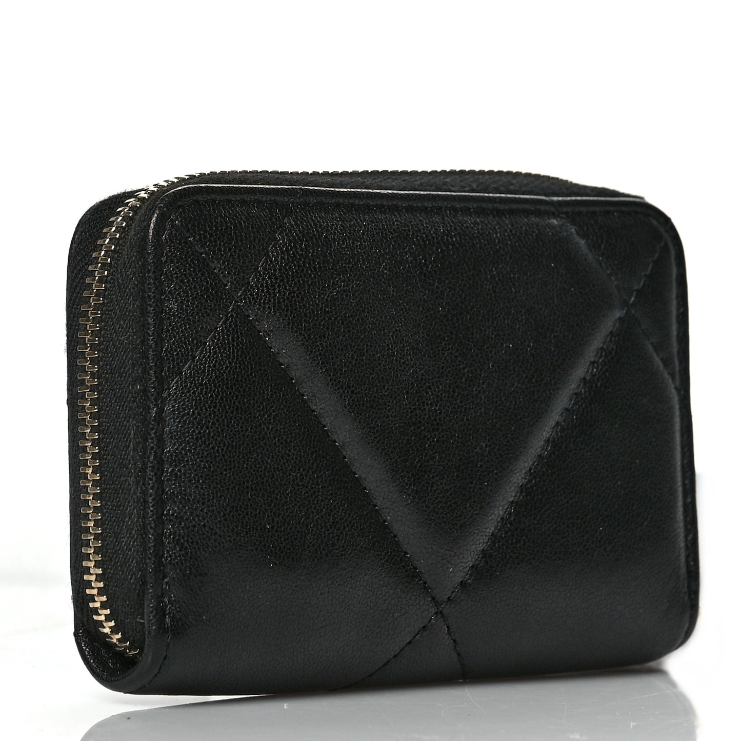 Shiny Goatskin Quilted Chanel 19 Zip Around Coin Purse Wallet Black