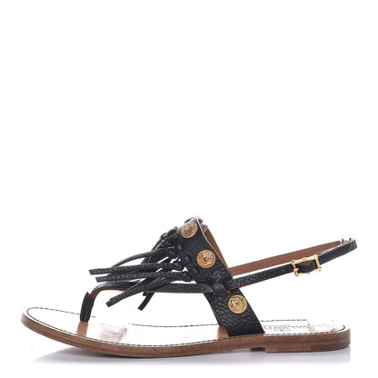Valentino Garavani Pebbled Calfskin Fringe Coin Slingback Flat Thong Sandals 37 Black 1 of 11