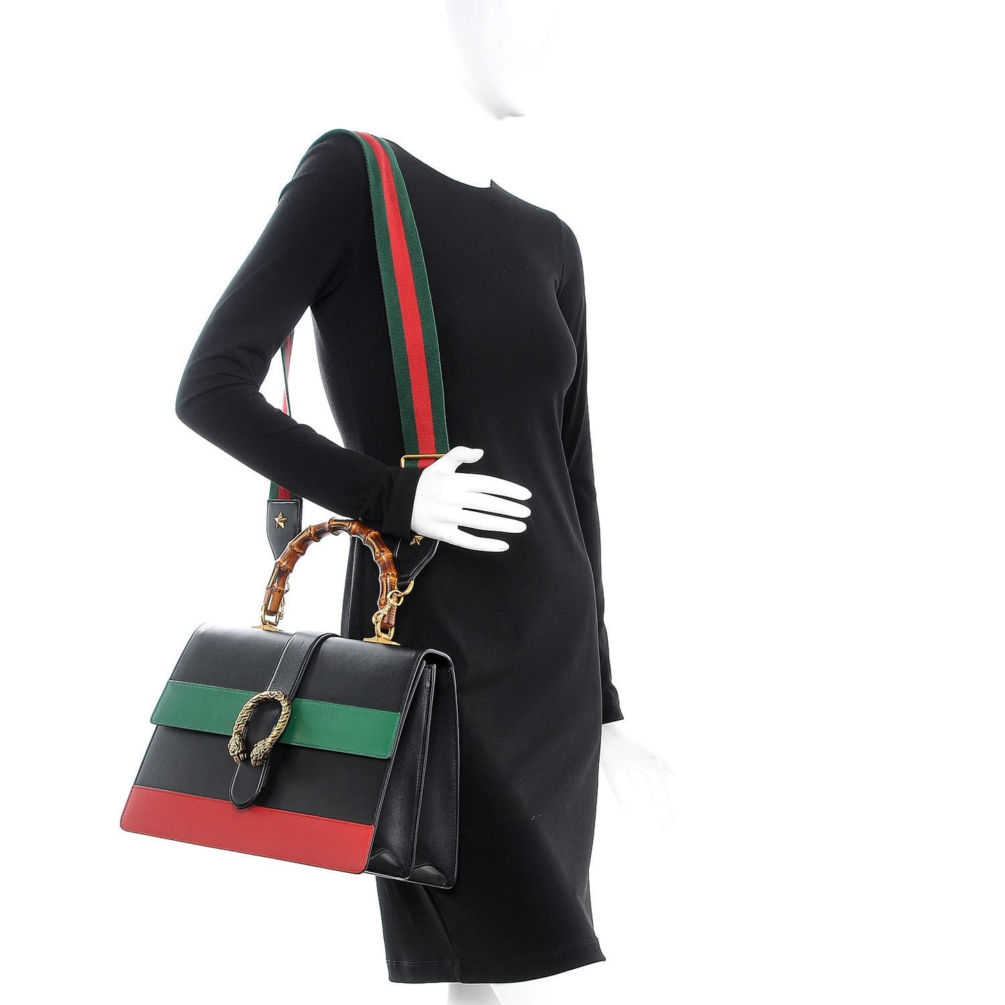 Calfskin Bamboo Web Large Dionysus Top Handle Bag Black Bright Evergreen Hibiscus Red