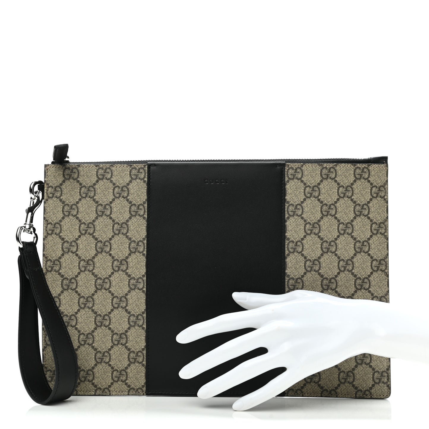 GG Supreme Monogram Zip Wristlet Pouch Beige Black