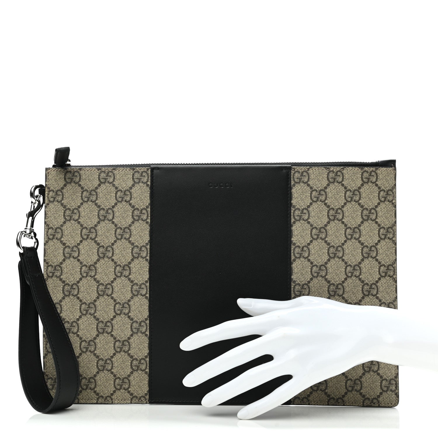 Gucci GG Supreme Monogram Zip Wristlet Pouch Beige Black 2 of 10