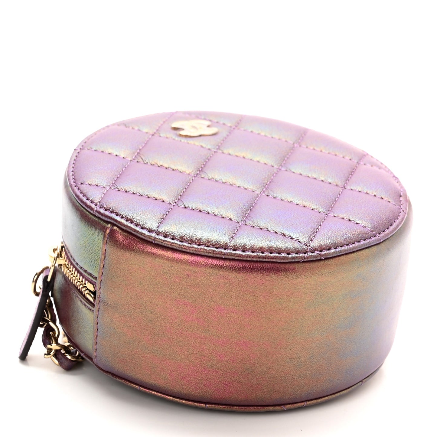 Iridescent Lambskin Quilted Round Clutch With Chain Purple