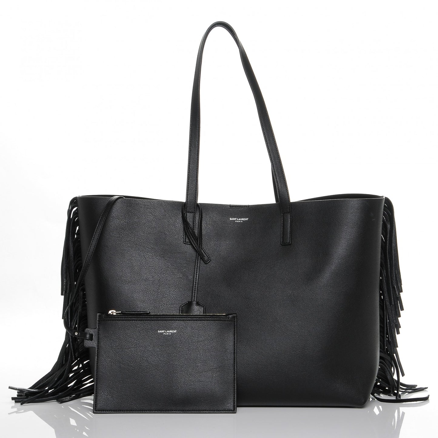 Calfskin Large Fringe Shopping Tote Black