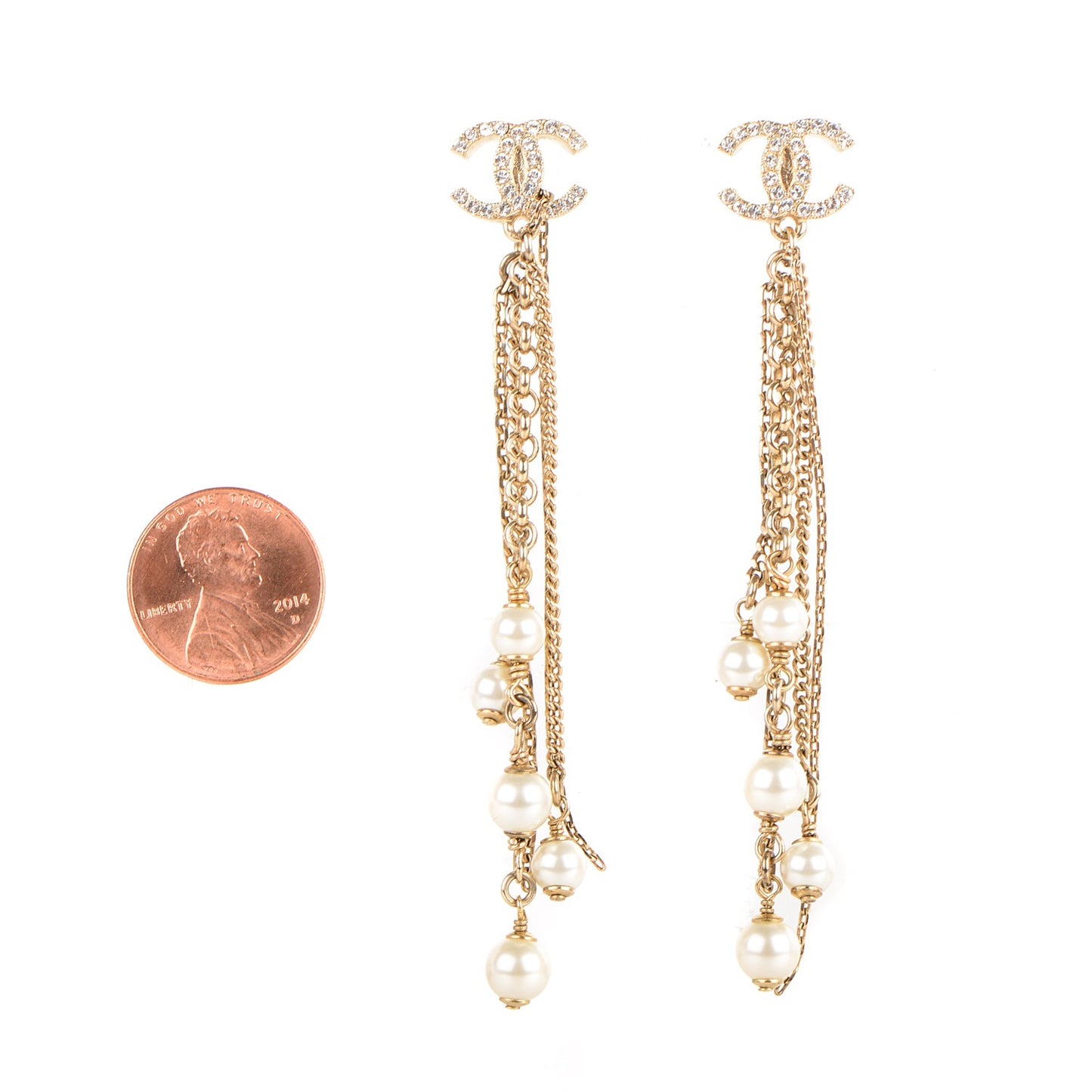 Crystal CC Pearl Dangle Earrings Gold