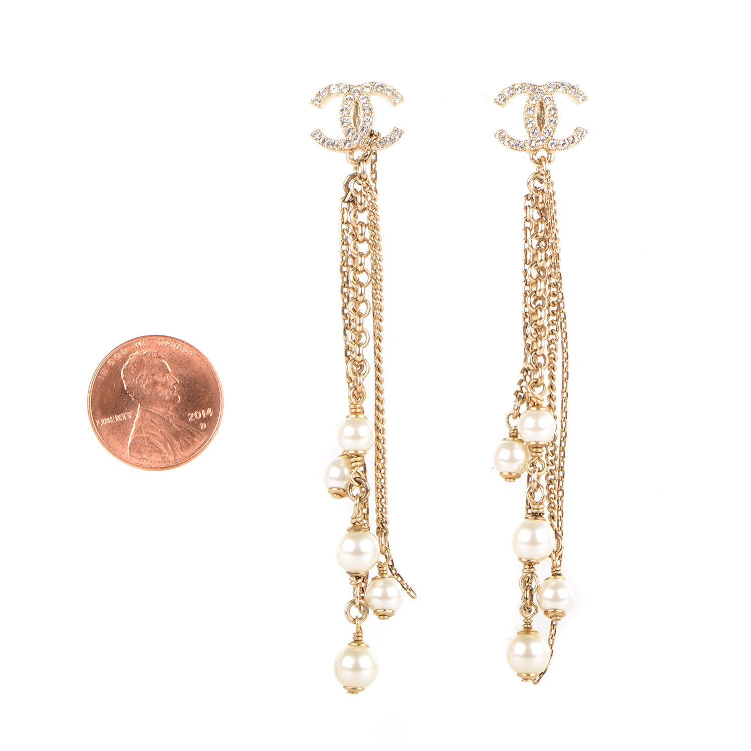 Chanel Crystal CC Pearl Dangle Earrings Gold 2 of 5