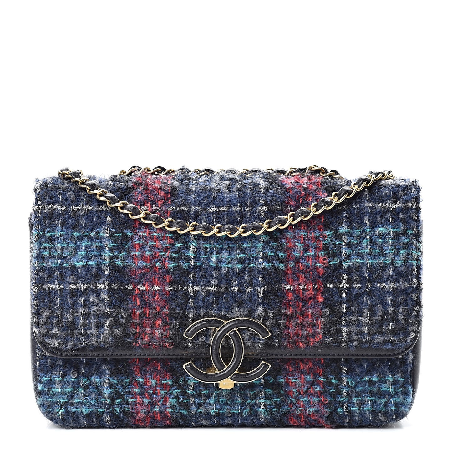 Tweed Quilted Enamel CC Double Flap Blue Multicolor