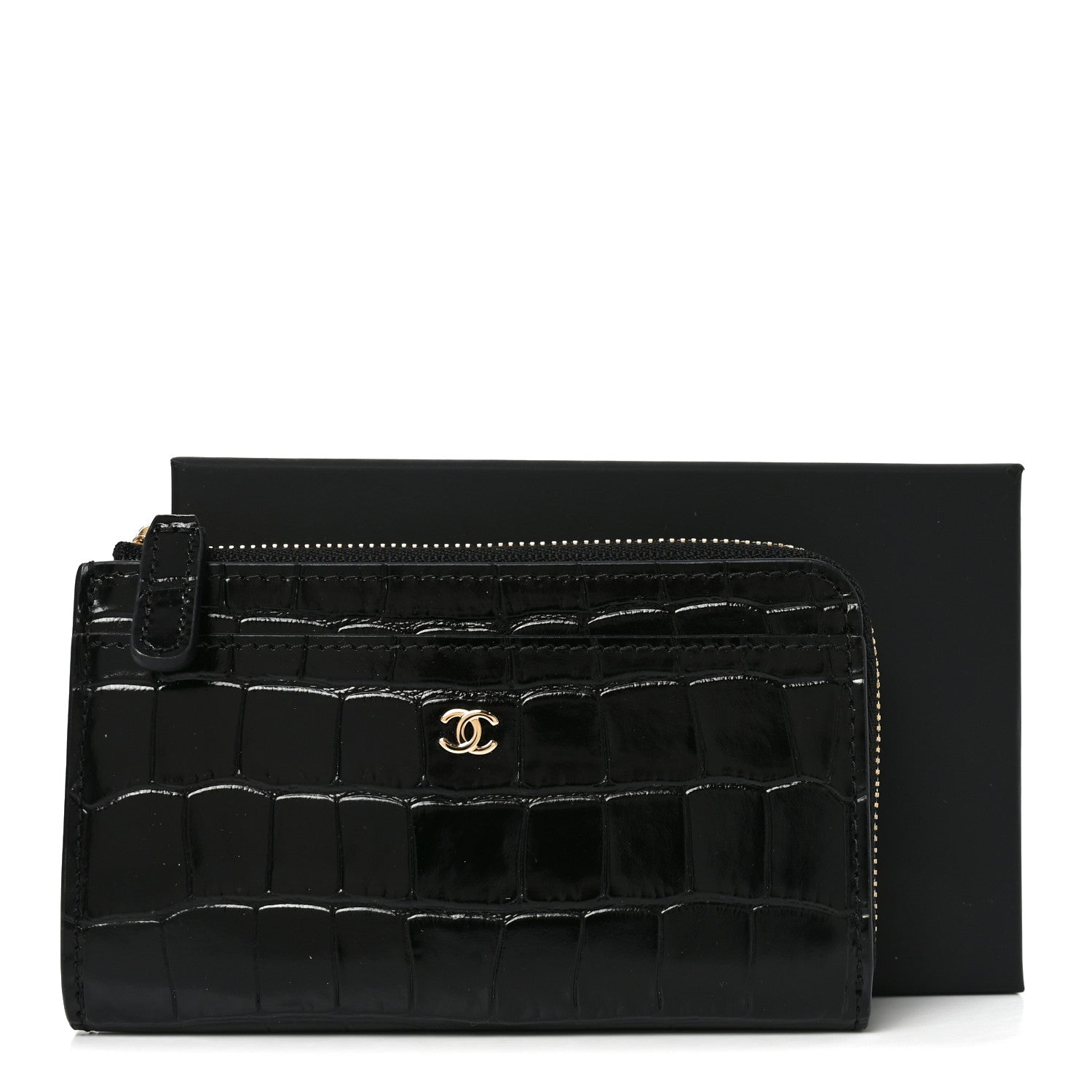 Chanel Calfskin Crocodile Embossed Crococo Zipped Card Holder Black 8 of 8