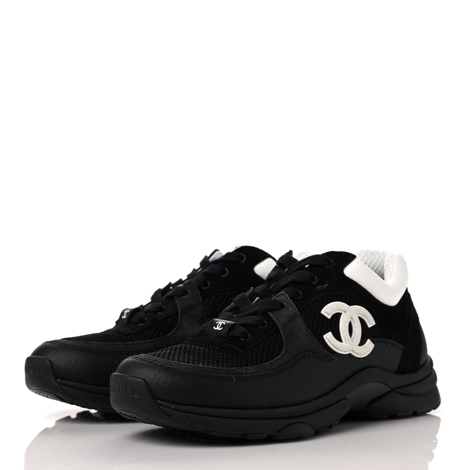 Chanel Mesh Suede Grained Calfskin Womens CC Sneakers 36.5 Black White 3 of 8