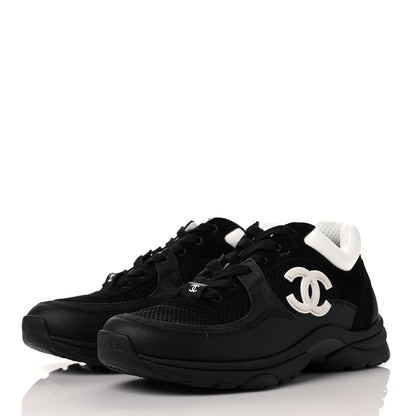 Chanel Mesh Suede Grained Calfskin Womens CC Sneakers 36.5 Black White 3 of 8