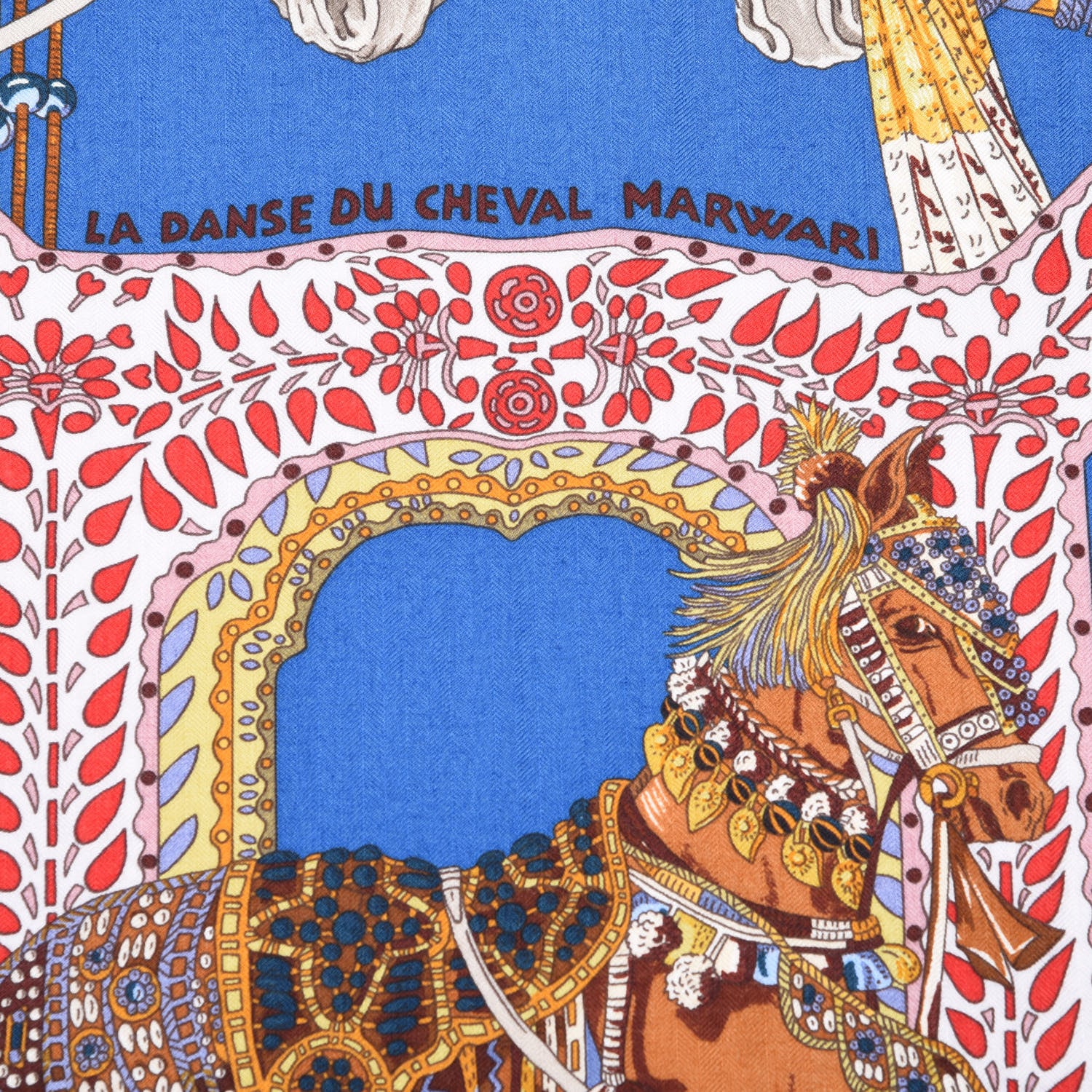 Hermes Cashmere Silk La Danse Du Cheval Shawl 140 Bleu Roy Rouge Veil Or 3 of 5