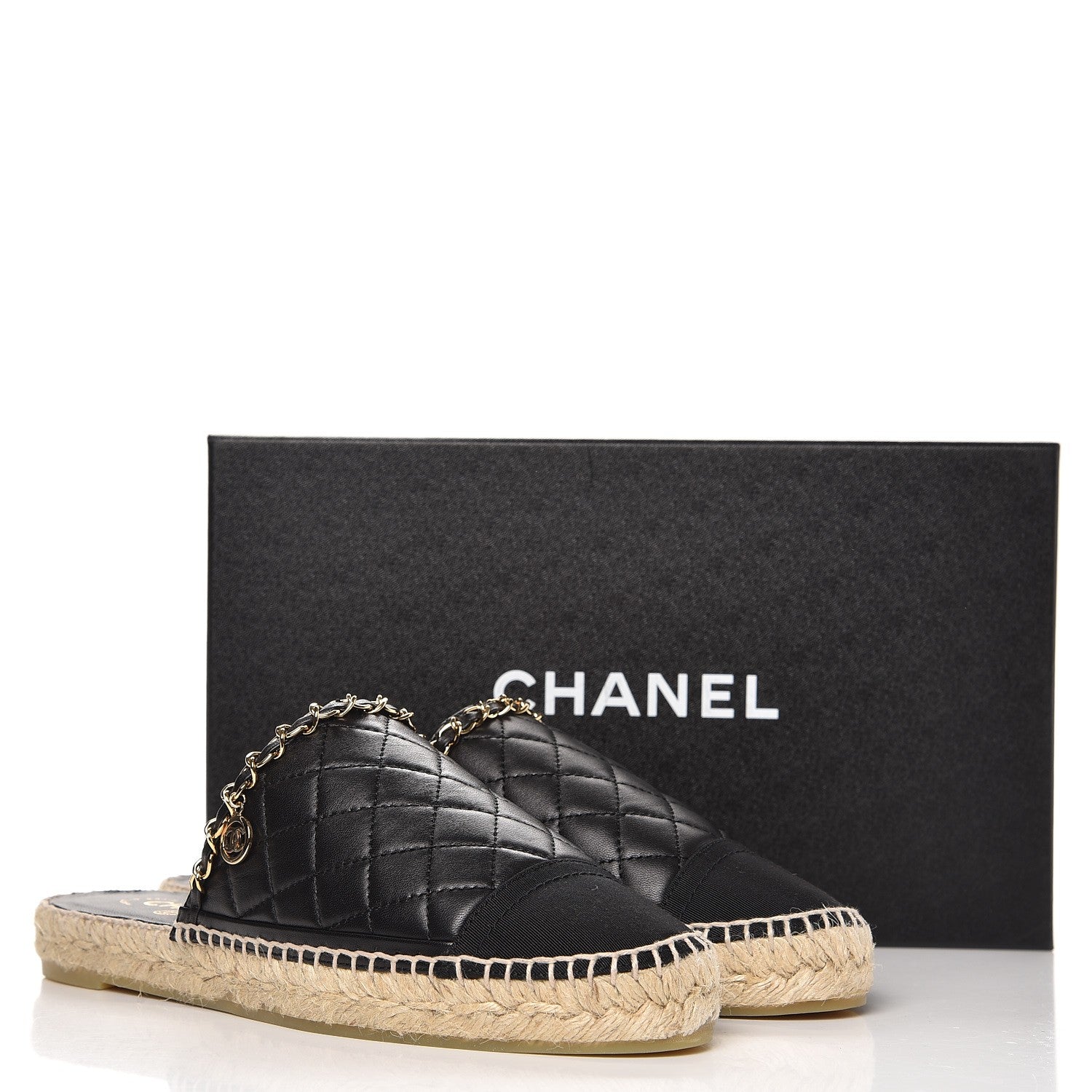 Chanel Lambskin Grosgrain Quilted CC Chain Espadrille Mules 39 Black 10 of 10