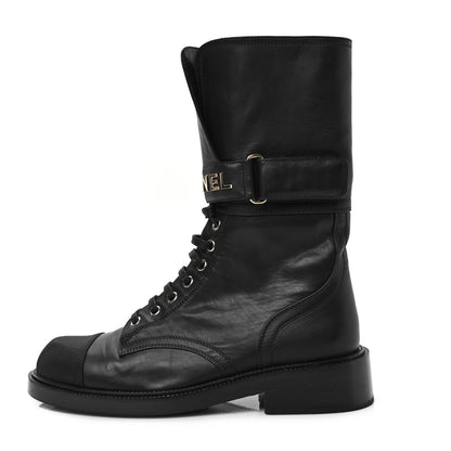 Chanel Shiny Calfskin Lace Up Combat Boots 38.5 Black 1 of 6