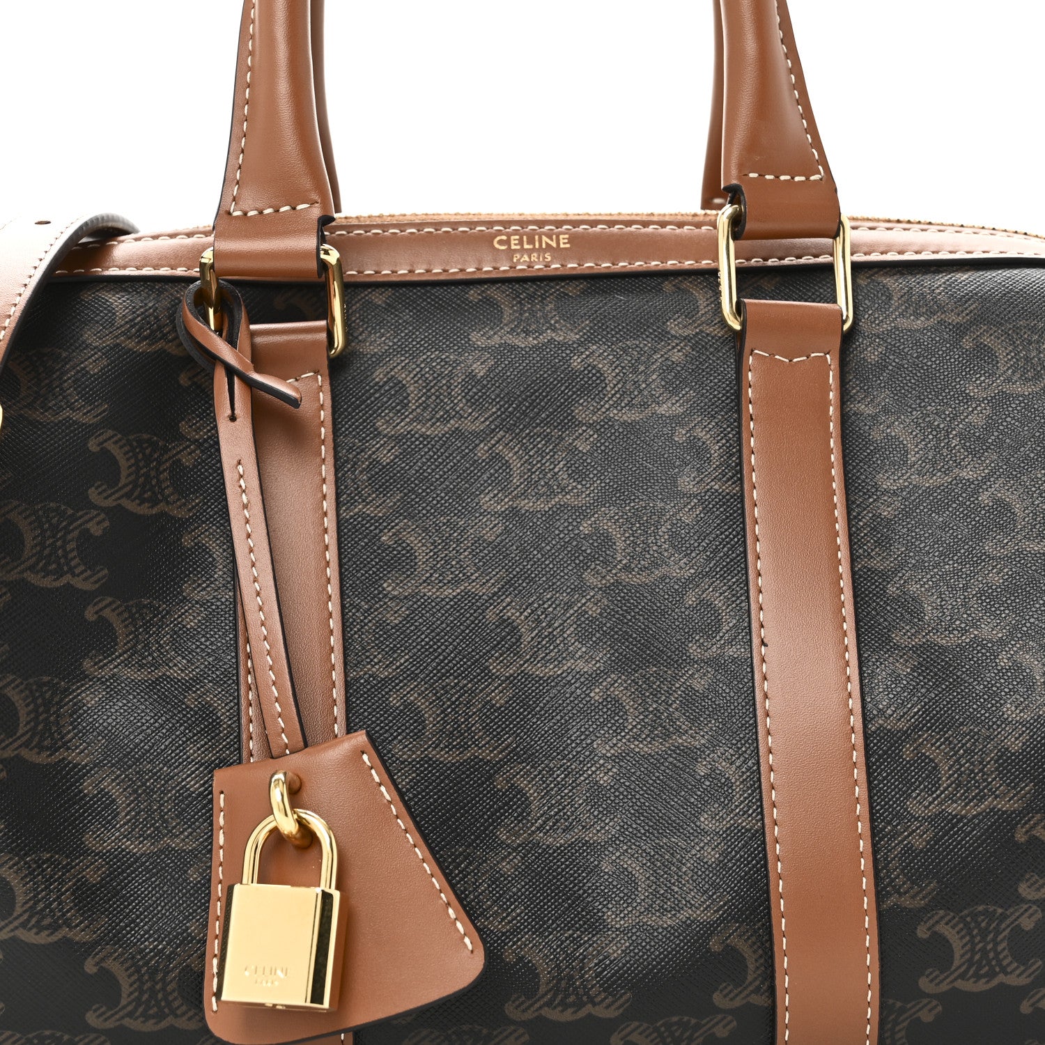 Celine Triomphe Canvas Calfskin Medium Boston Bag Tan 8 of 10