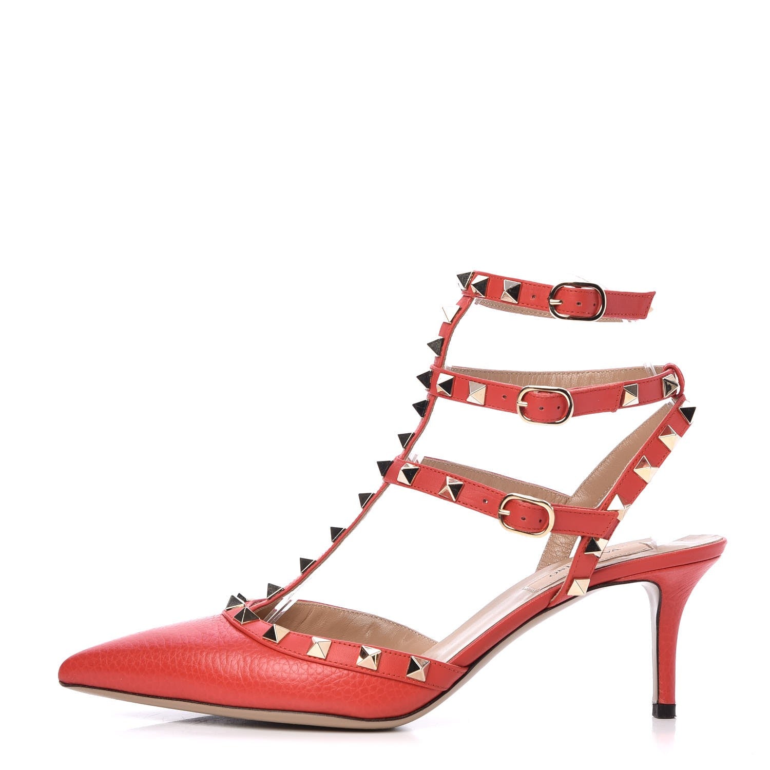 Valentino Garavani Pebbled Calfskin Rockstud Ankle Strap 65mm Pumps 38.5 Deep Coral 1 of 10